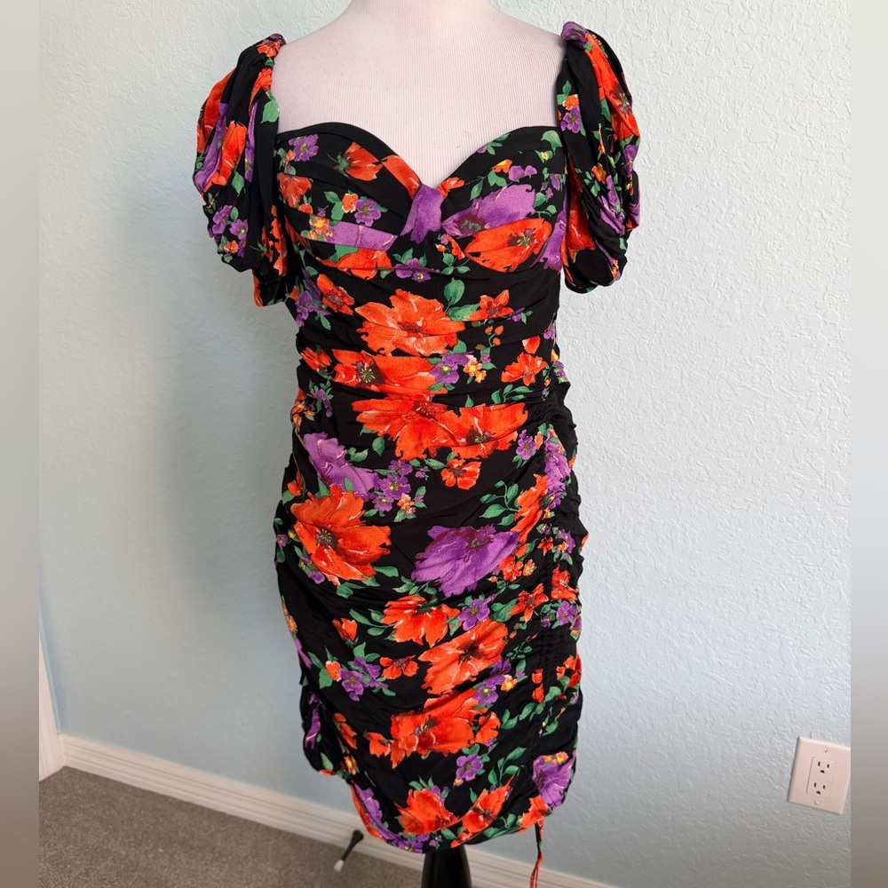 Astr Black Midi Dress with Red-Orange and Purple Floral Print Side Ruched L
